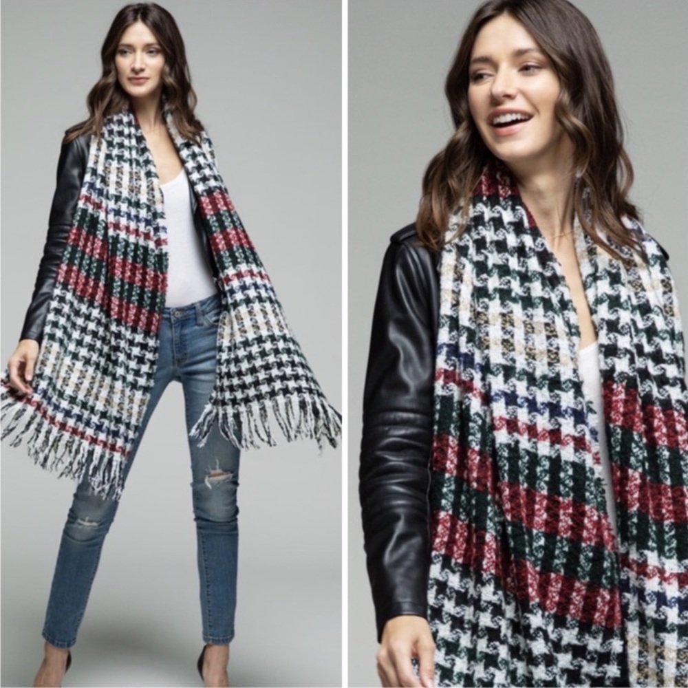 Houndstooth Oversized Dramatic Fringe Paid Scarf